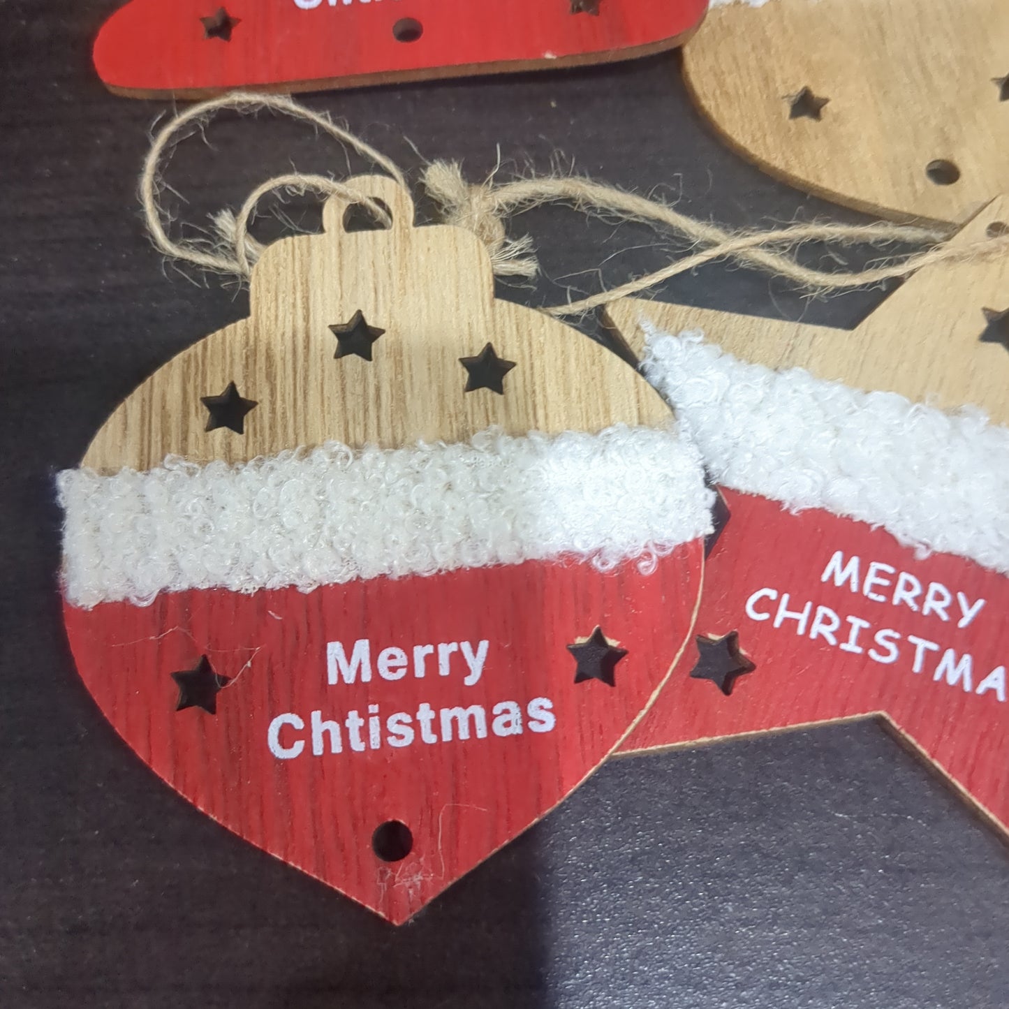 Set of 4 Wooden ornaments painted with furry trim