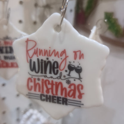 Ceramic wine ornament. Running on wine and Christmas cheer