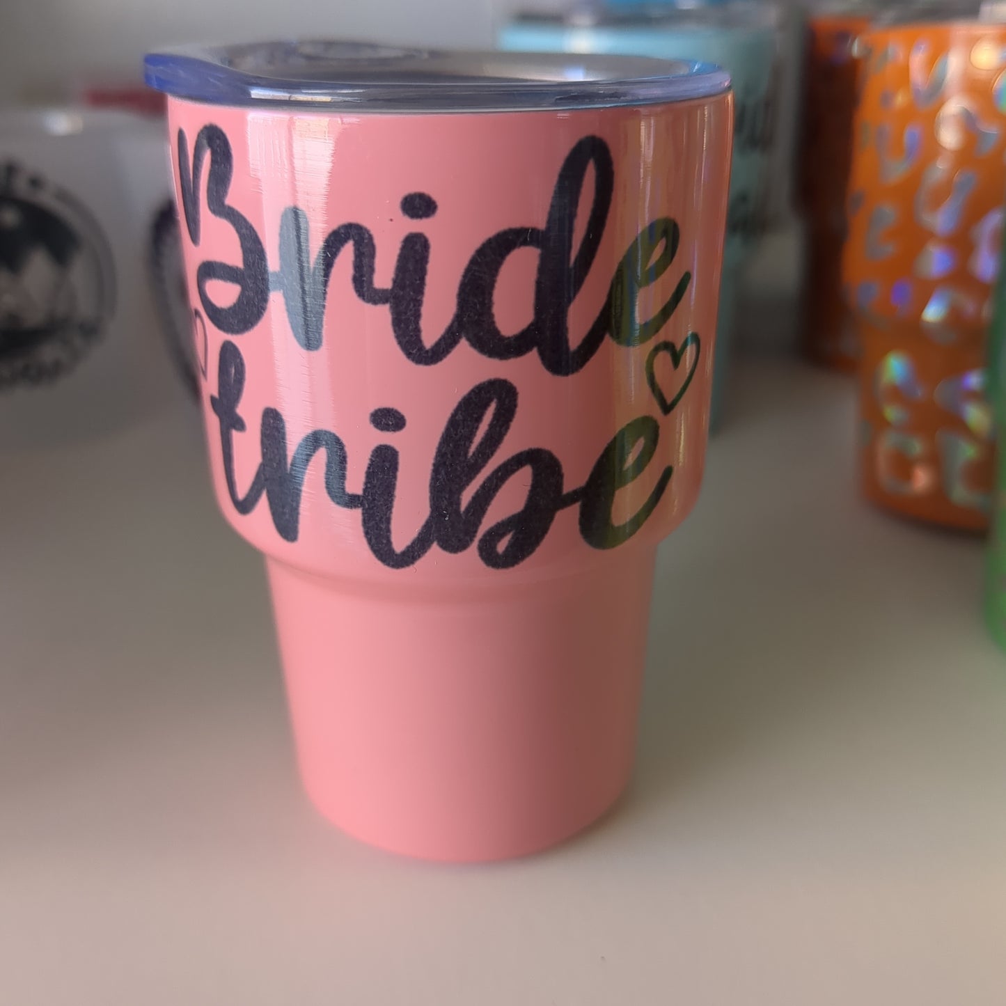 Shot glass / mini Tumbler salmon color says bride tribe