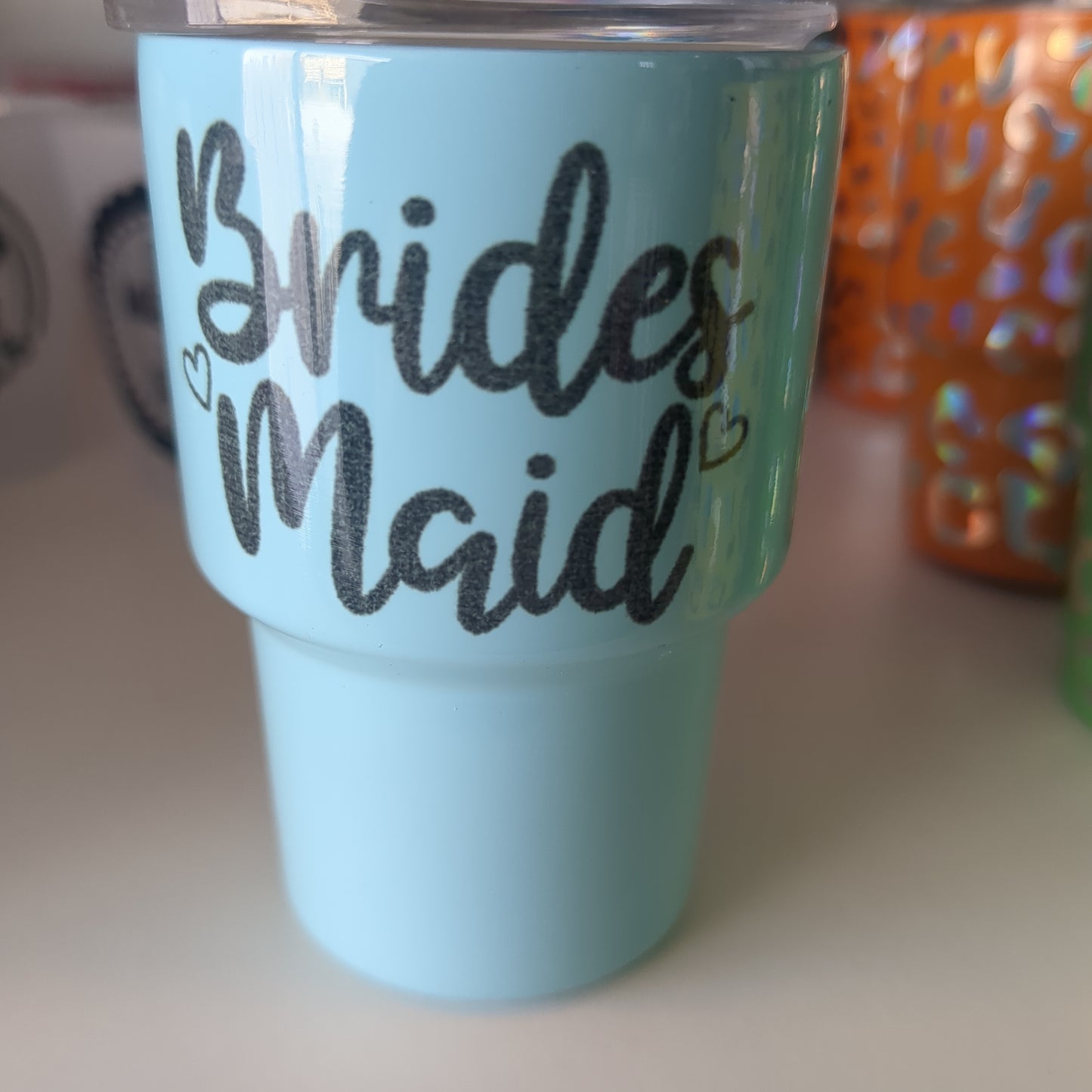 Shot glass / mini Tumbler light blue says bridesmaid