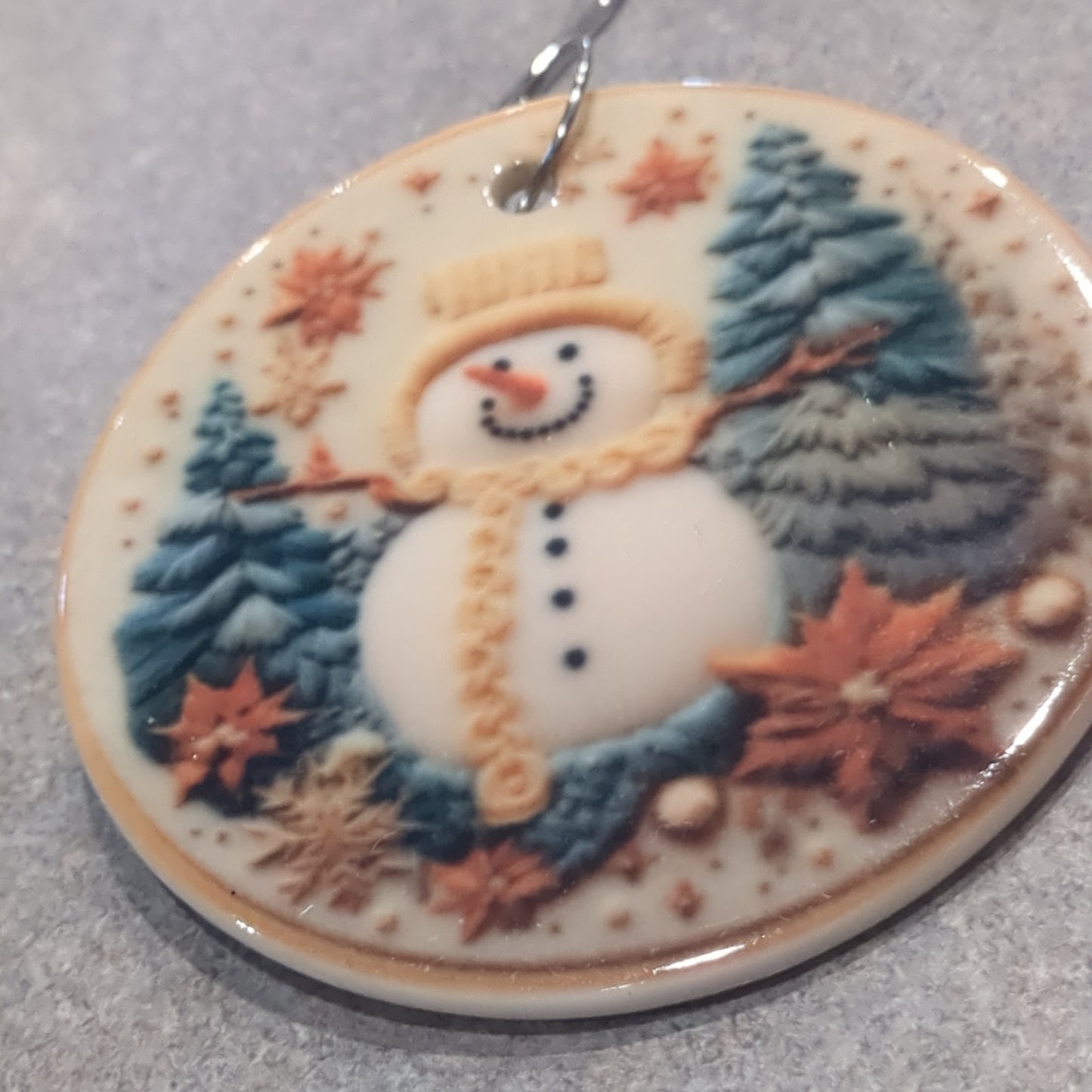 Ceramic ornament snowman with Trees, poinsettias yellow scarf and yellow hat