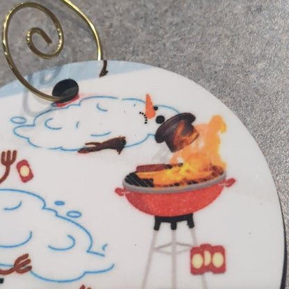 MDF ornament three snowmen melted around a grill and the words great idea Bob!