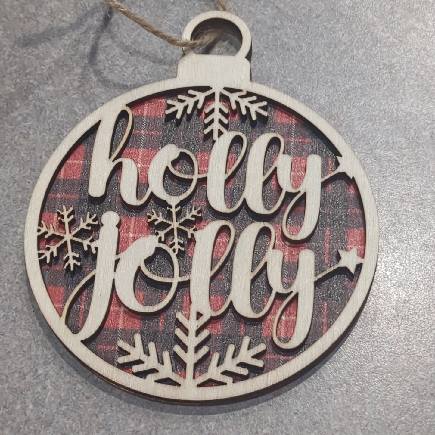 Wooden layered ball ornament Holly jolly