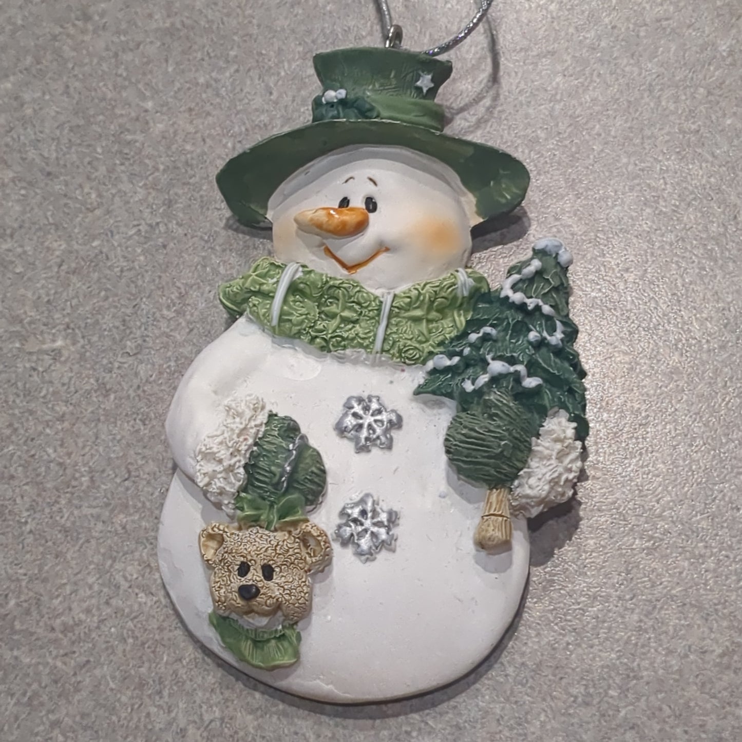 Polycrylic snowman ornament with tree and teddy bear