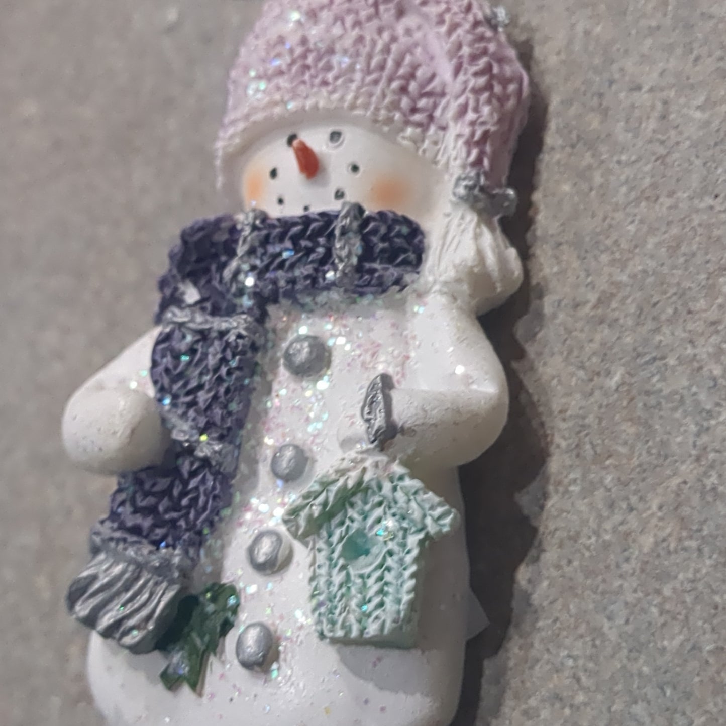 Polycrylic snowman ornament with a birdhouse lilac and purple