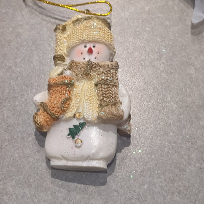 Oy2 Polycrylic snowman ornament with stocking yellow