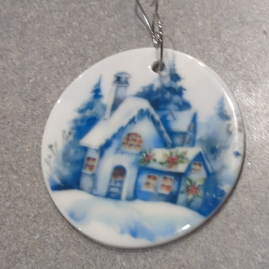 Ceramic ornament white and blue house