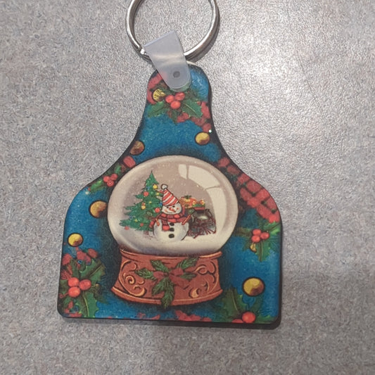 Keychain - ear tag snow globe with snowman inside