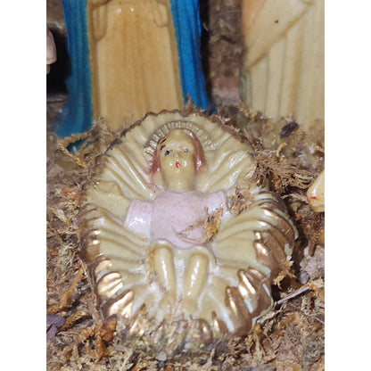 Vintage Celluloid Nativity in Wood Manger Holiday Trim Hong Kong