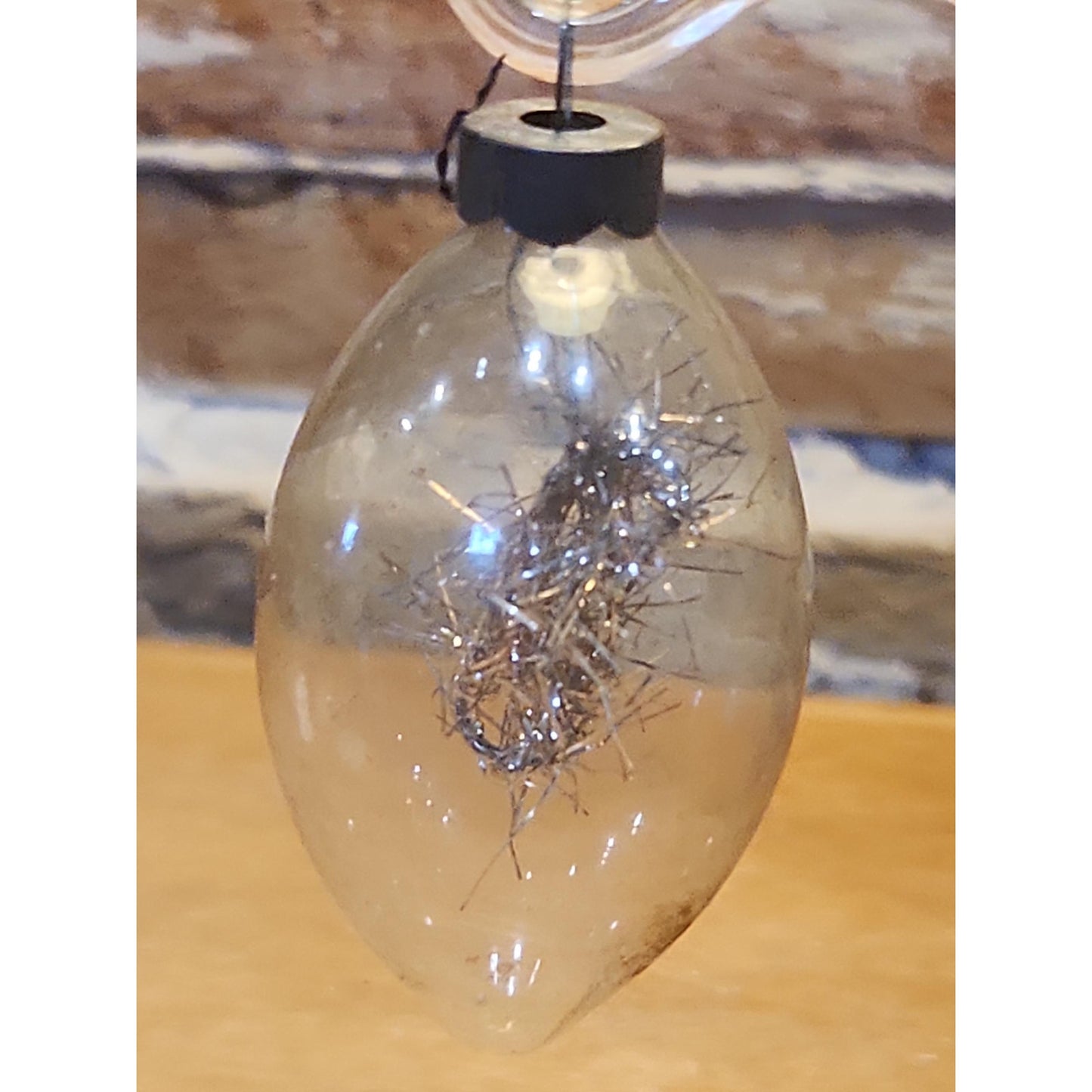 Vintage Circle and Teardrop Unsilvered Transparent Glass Ornament with Tinsel Inside WWII Era 1940s Set of 2 Clear with Tinsel AS IS