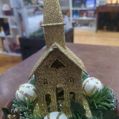 Vintage Plastic Glitter Church with Vintage Candle Ring in Wooden Bowl Assemblage