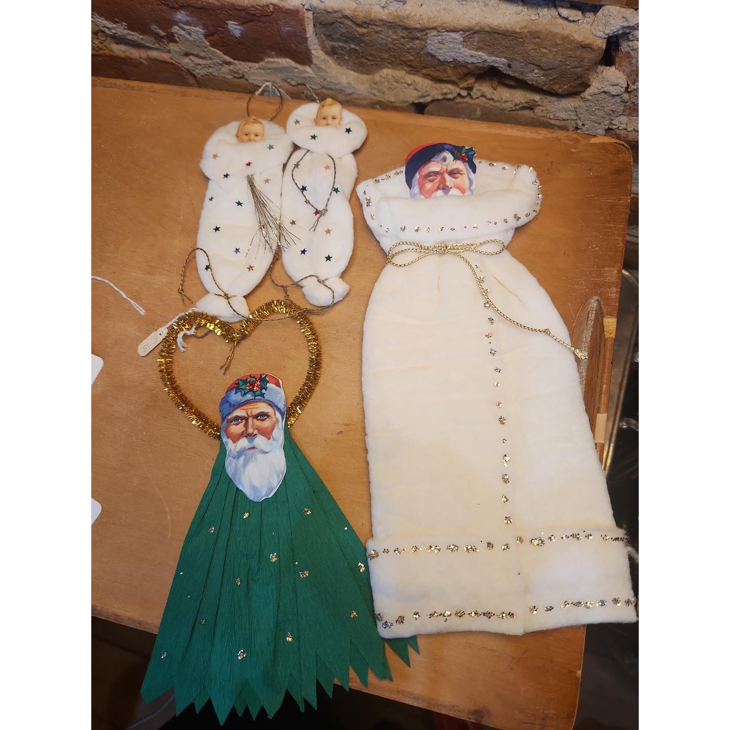 Replica of Antique Ornaments with Actual Vintage Paper Scraps and newer Crepe and Cotton Batting. Chr111
