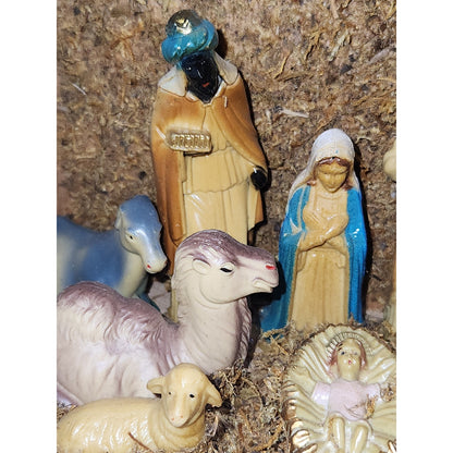 Vintage Celluloid Nativity in Wood Manger Holiday Trim Hong Kong