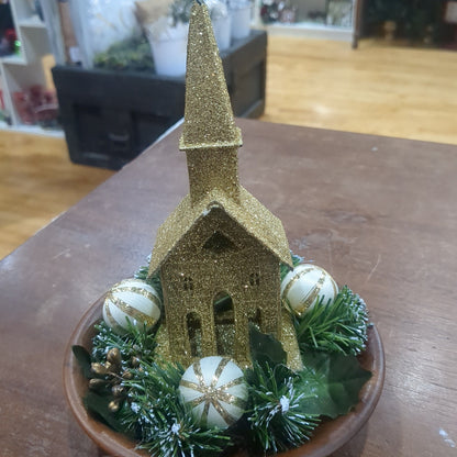Vintage Plastic Glitter Church with Vintage Candle Ring in Wooden Bowl Assemblage