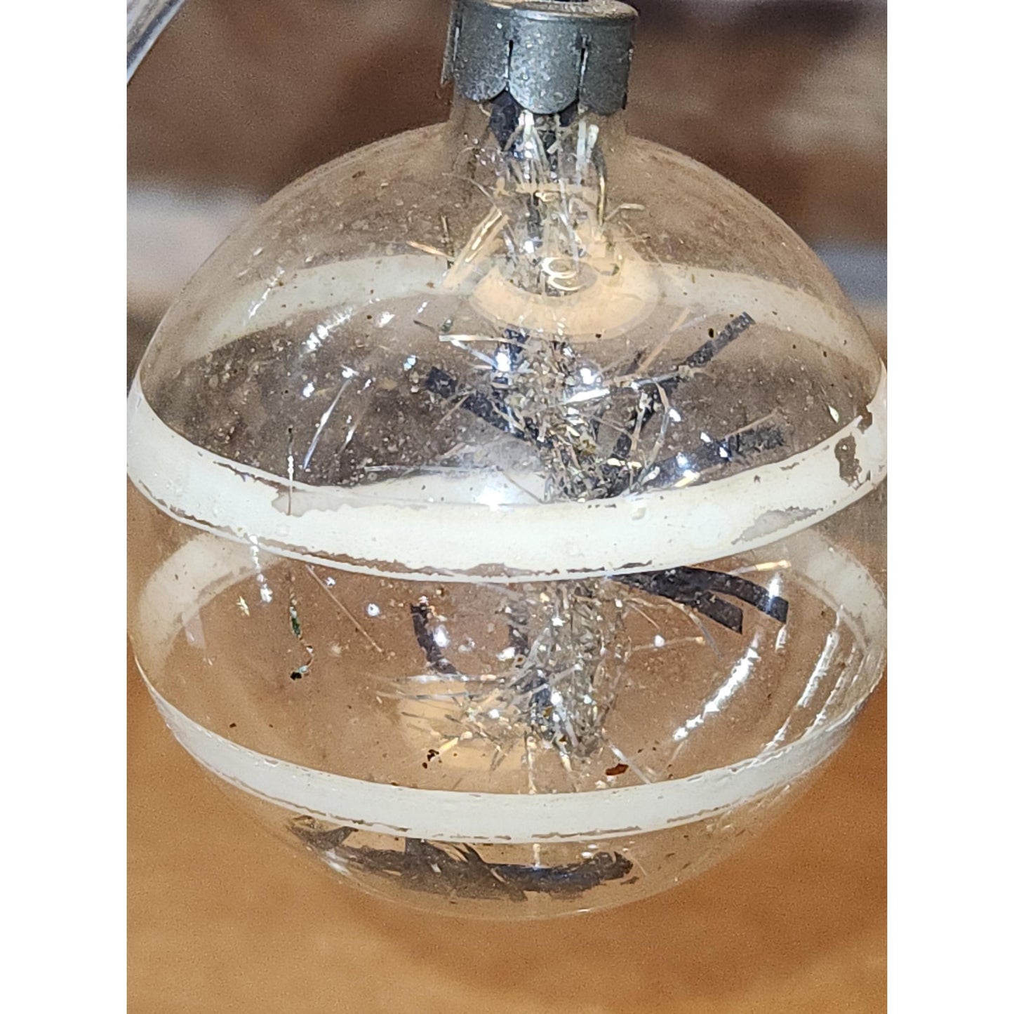 Vintage Circle and Teardrop Unsilvered Transparent Glass Ornament with Tinsel Inside WWII Era 1940s Set of 2 Clear with Tinsel AS IS