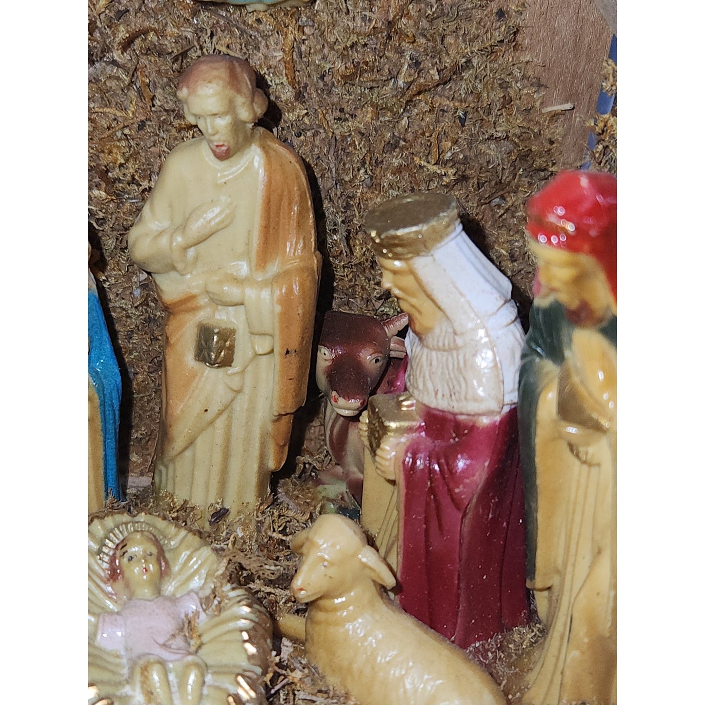 Vintage Celluloid Nativity in Wood Manger Holiday Trim Hong Kong
