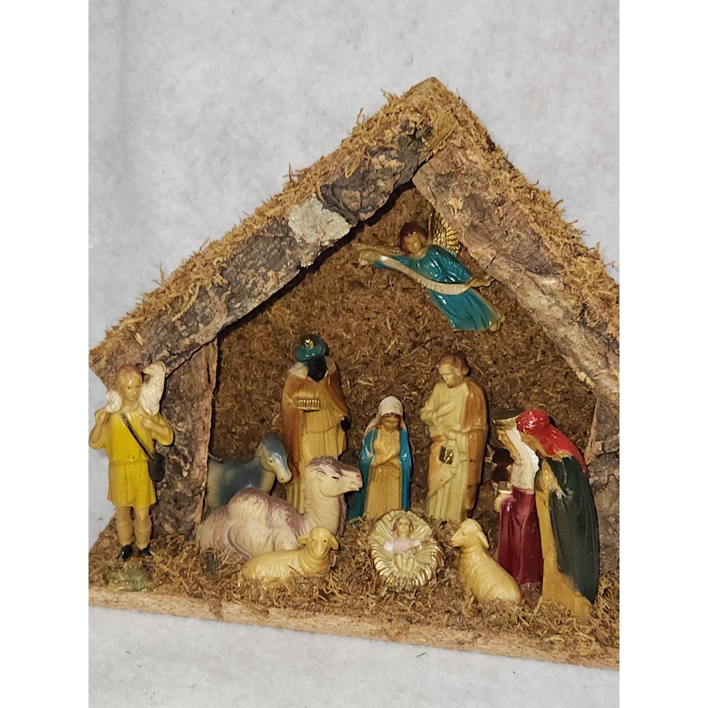 Vintage Celluloid Nativity in Wood Manger Holiday Trim Hong Kong