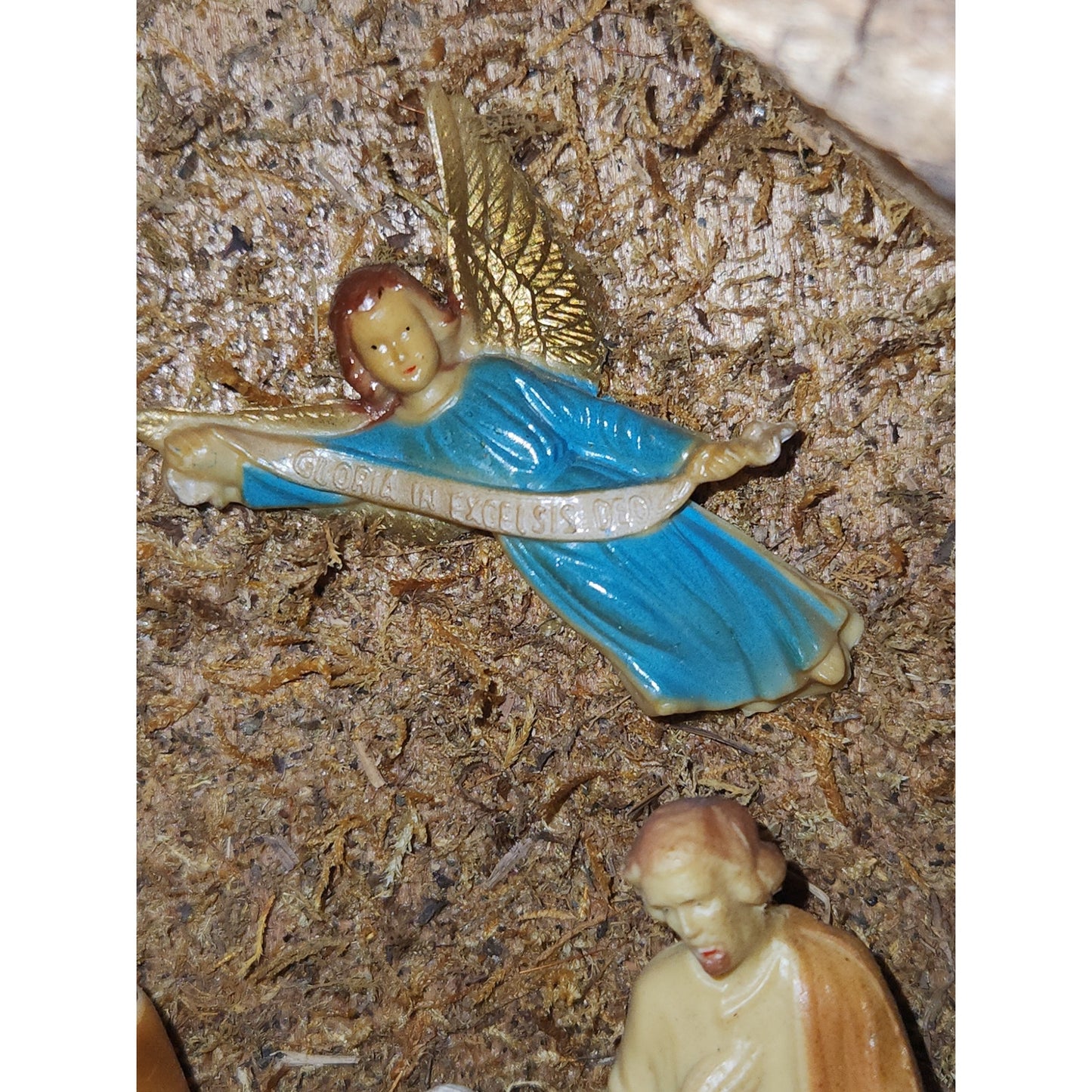 Vintage Celluloid Nativity in Wood Manger Holiday Trim Hong Kong