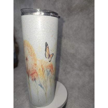 20 oz Stainless Steel Glitter Tumbler Just Breathe Butterflies flowers