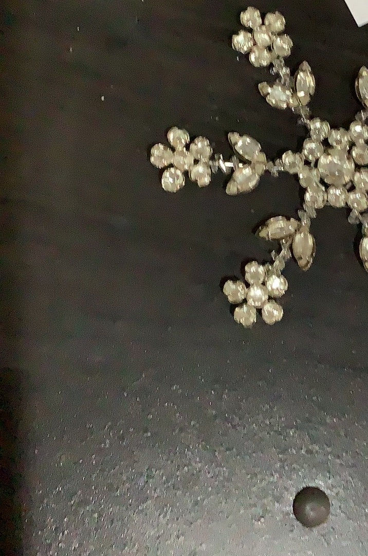 Jeweled snowflake ornament, floral pattern, silver metal  5"x5"