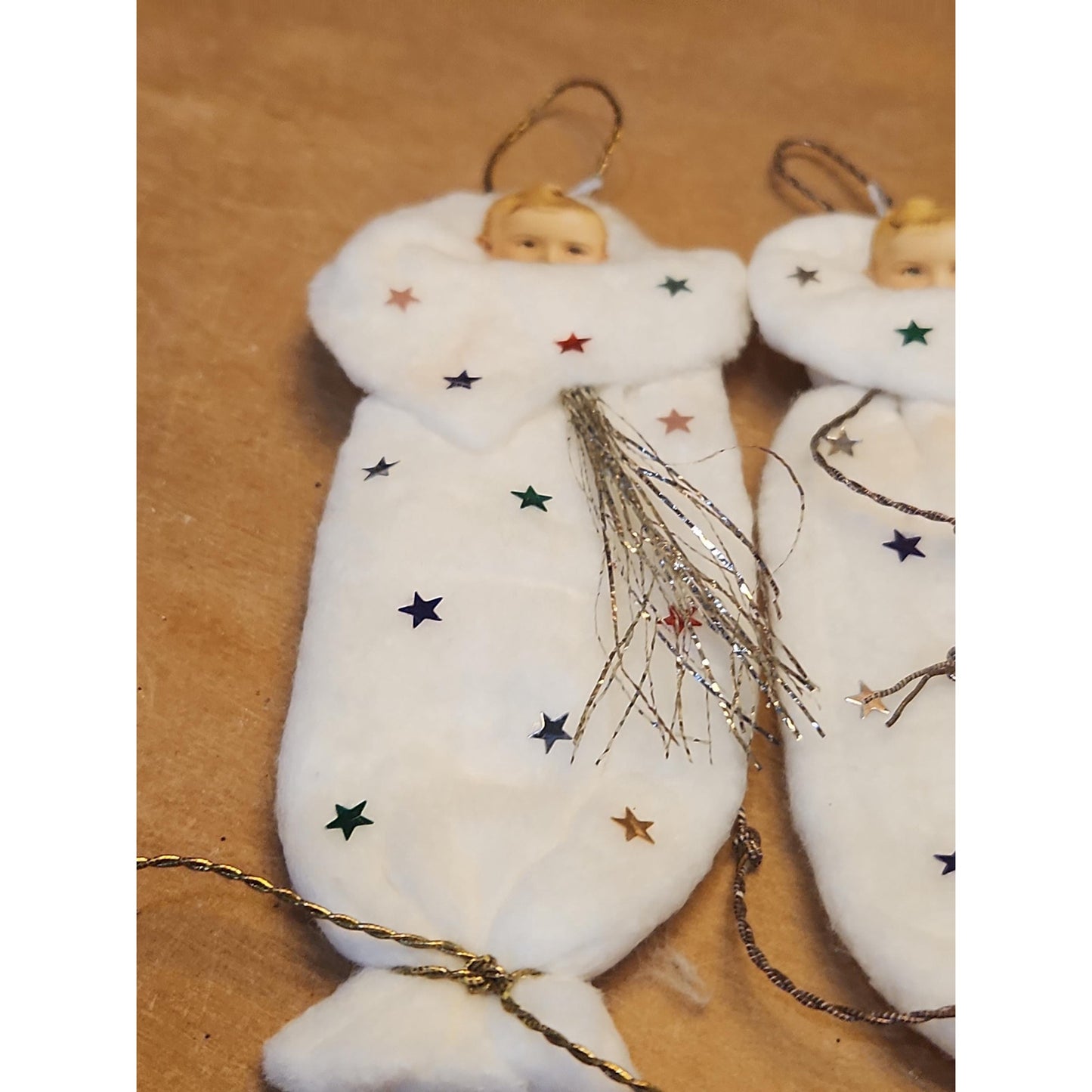 Replica of Antique Ornaments with Actual Vintage Paper Scraps and newer Crepe and Cotton Batting. Chr111