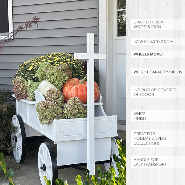 54 Inch Wood and Iron White Display Rolling Cart  NOT AVAILABLE AT MINDEN LOCATION