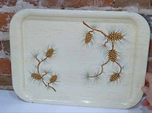 Vintage MCM Turquoise, brown, cream, buttery yellow Pine Cone Metal Serving Tray