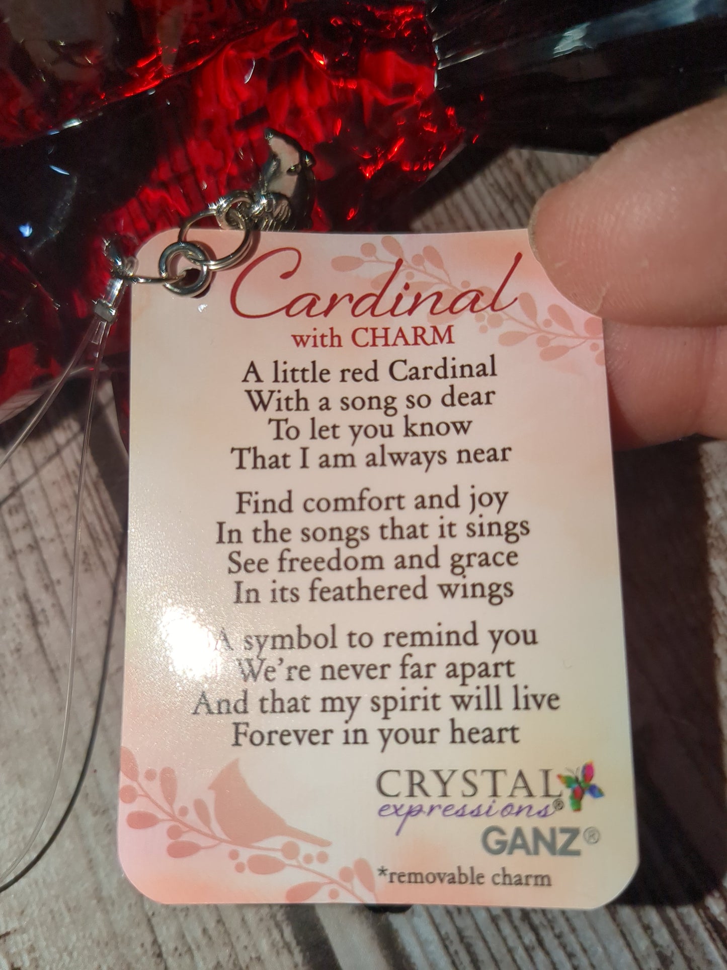 O77 Crystal Expressions Cardinal ornament with a charm.