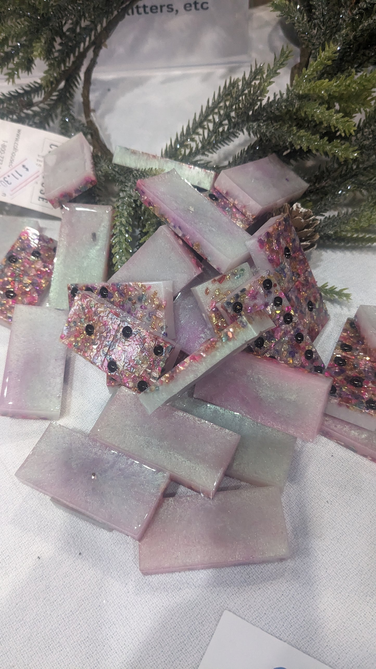 Handcrafted resin Dominoes white, pink filler