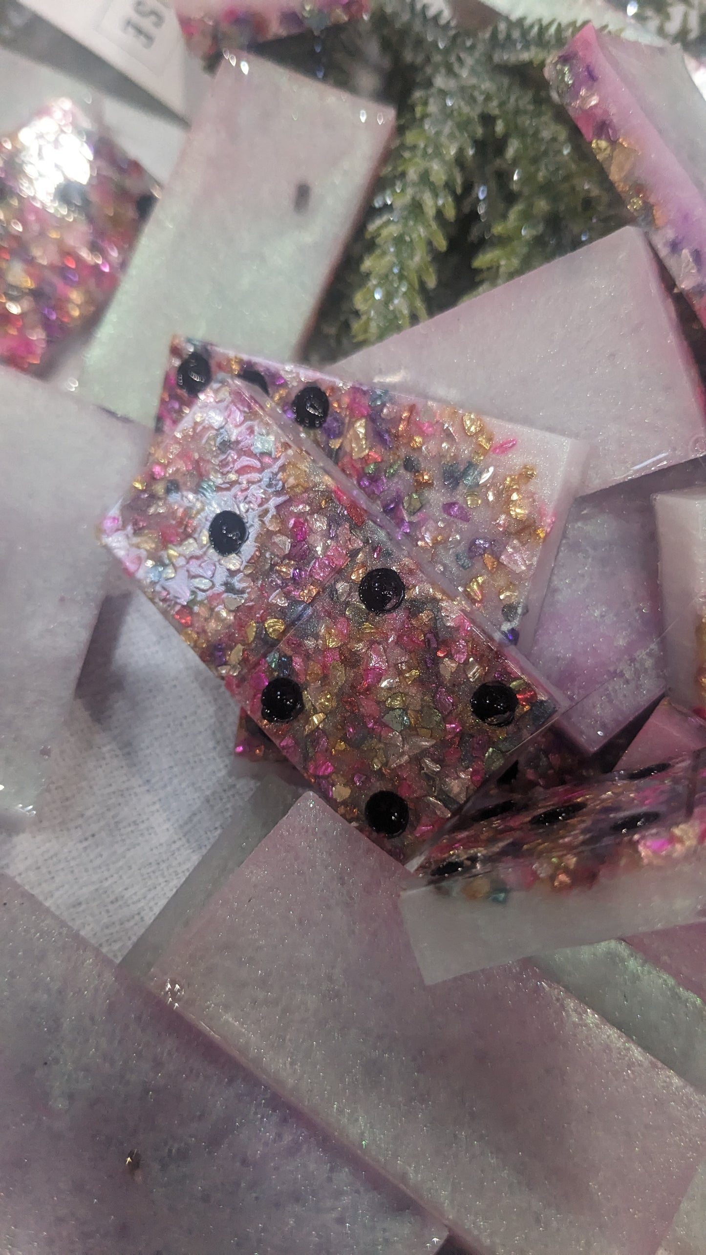Handcrafted resin Dominoes white, pink filler