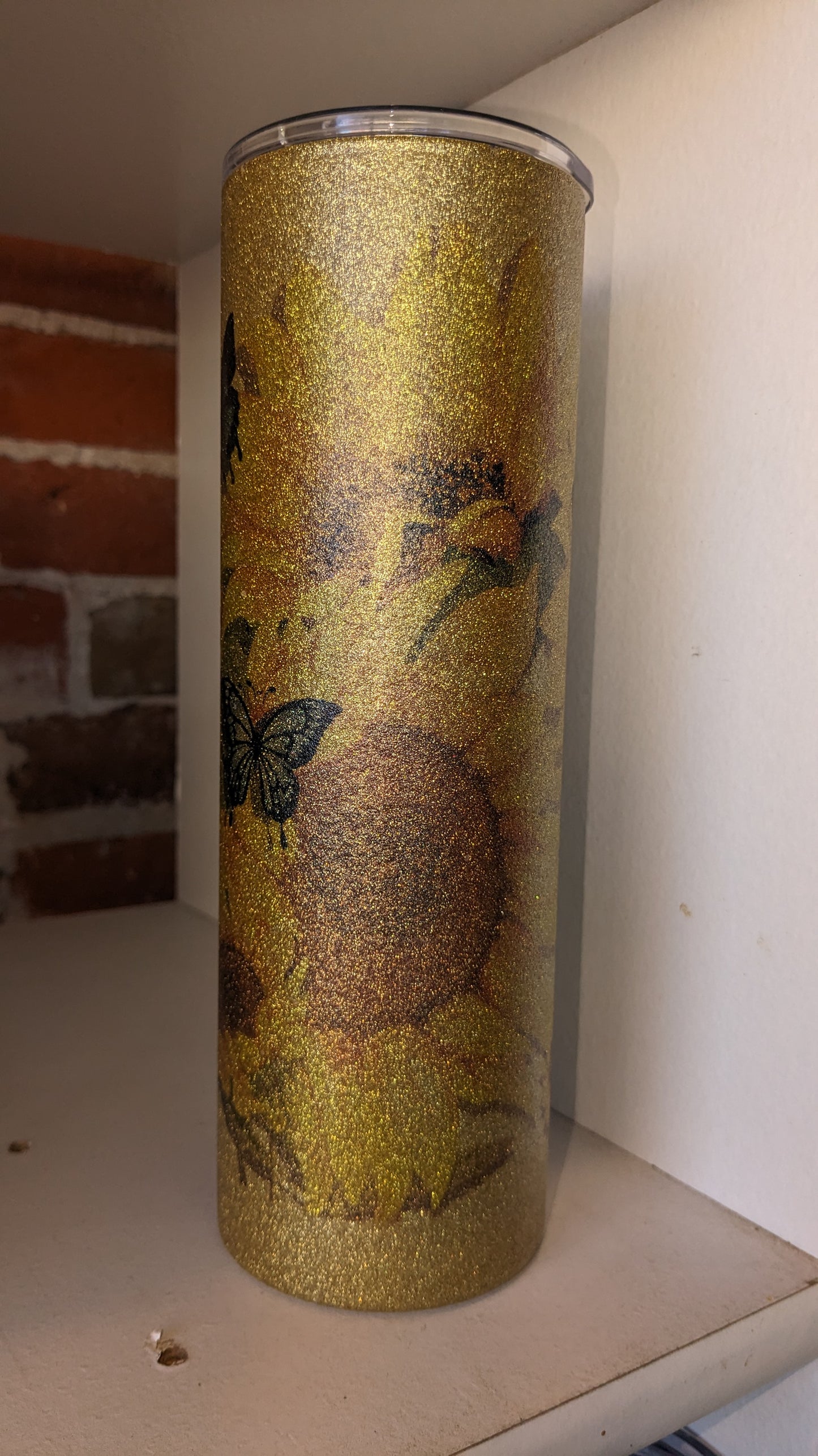 20 Oz Stainless Steel Insulated Glitter Tumbler Butterflies And Sunflowers