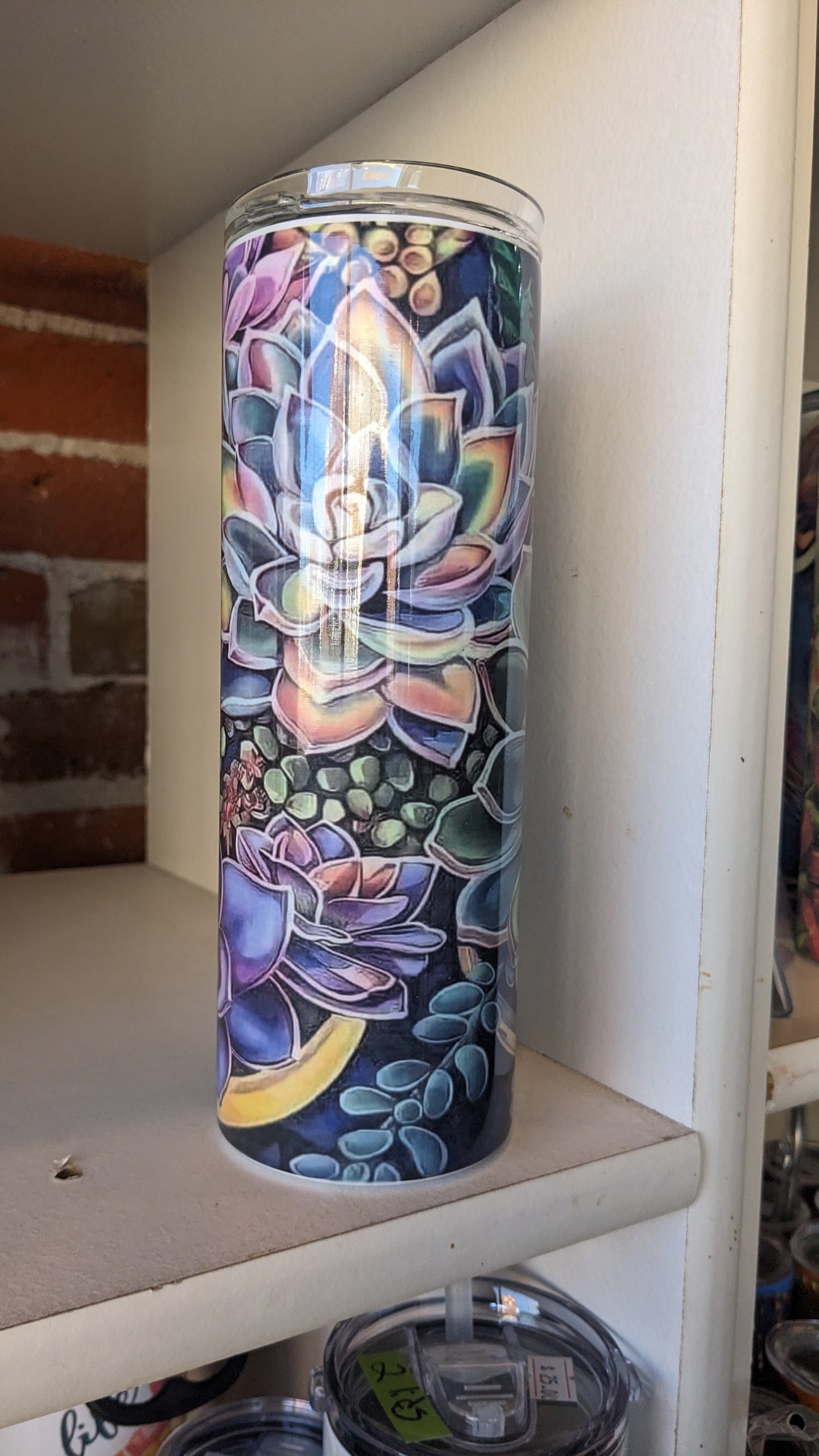 20 Oz Stainless Steel Insulated Tumbler With Two Tops And A Succulent Pattern