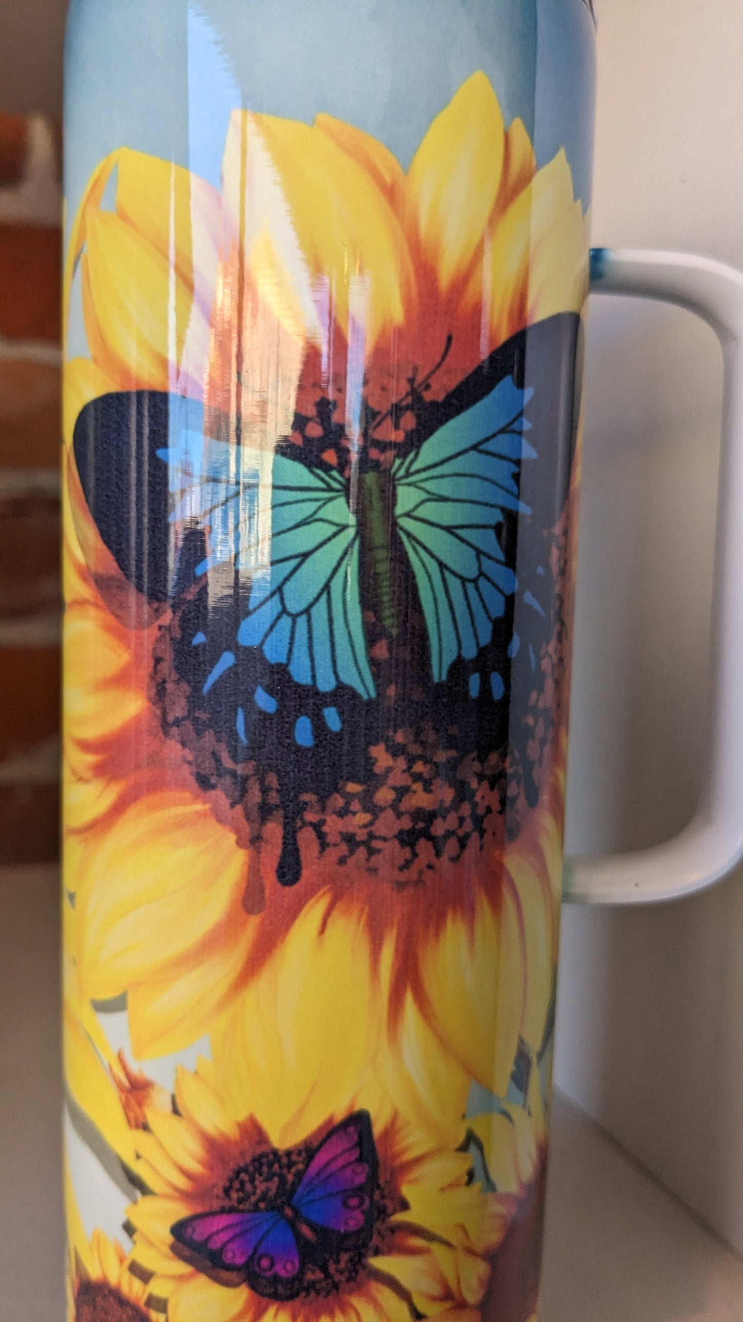 20 Oz Stainless Steel Insulated Tumbler With A Handle Butterflies And Sunflowers