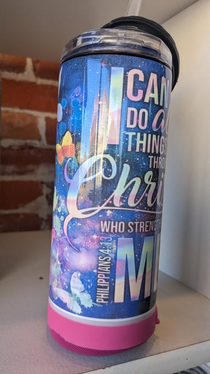 SPEAKER IS NOW LAVENDAR AND NOT DAMAGED 17 oz Steel Insulated Can Cooler, Tumbler & Speaker  can do all things through God