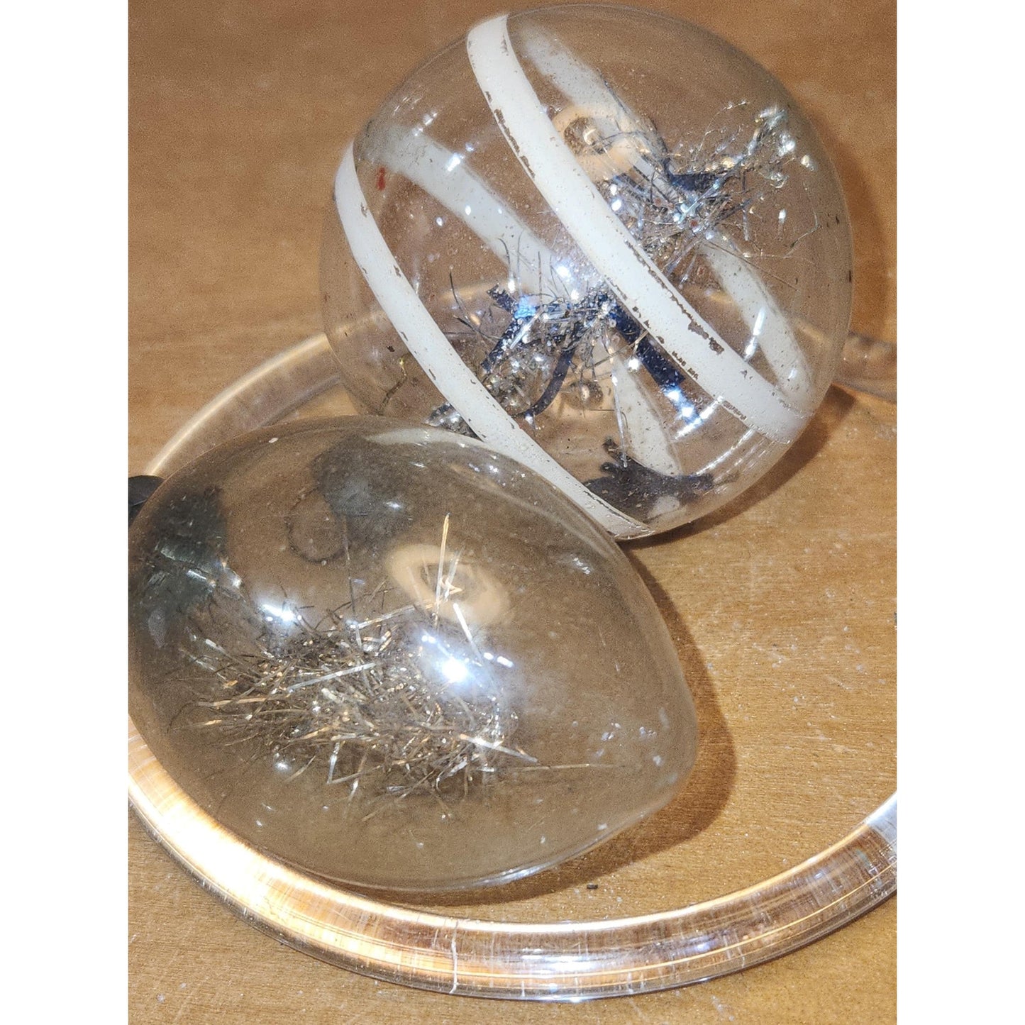 Vintage Circle and Teardrop Unsilvered Transparent Glass Ornament with Tinsel Inside WWII Era 1940s Set of 2 Clear with Tinsel AS IS