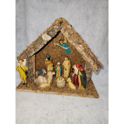 Vintage Celluloid Nativity in Wood Manger Holiday Trim Hong Kong