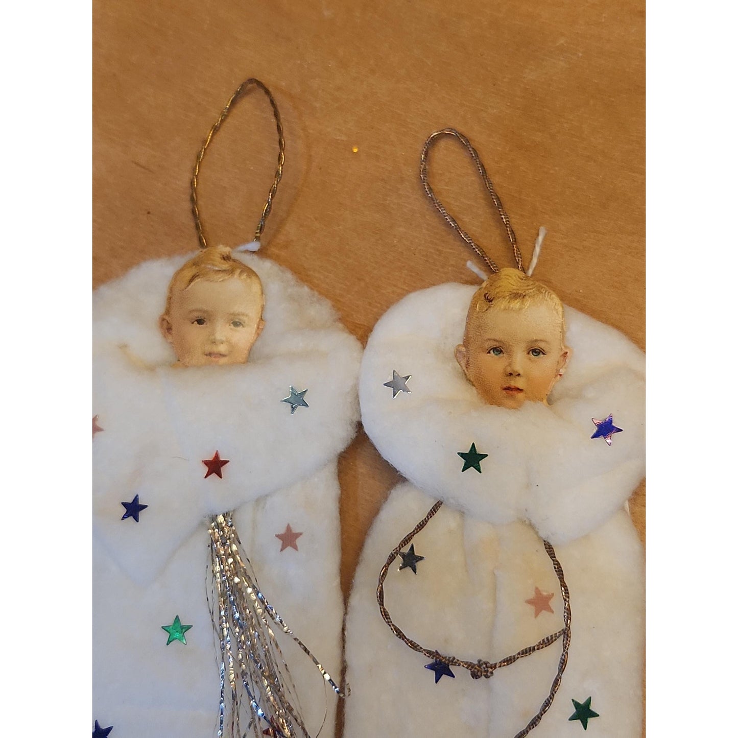 Replica of Antique Ornaments with Actual Vintage Paper Scraps and newer Crepe and Cotton Batting. Chr111