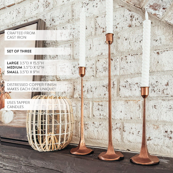 Copper Finish Cast Iron Taper Candle Holders, Set of Three  NOT AVAILABLE AT MINDEN LOCATION