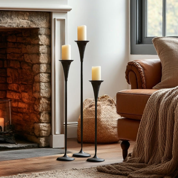 Tall Flared Black Iron Candle Holders, Set of 3  NOT AVAILABLE AT MINDEN LOCATION