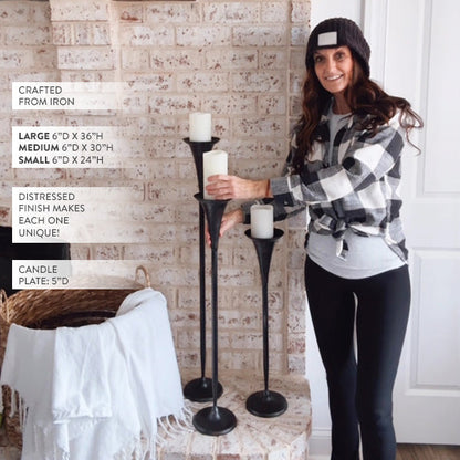 Tall Flared Black Iron Candle Holders, Set of 3  NOT AVAILABLE AT MINDEN LOCATION