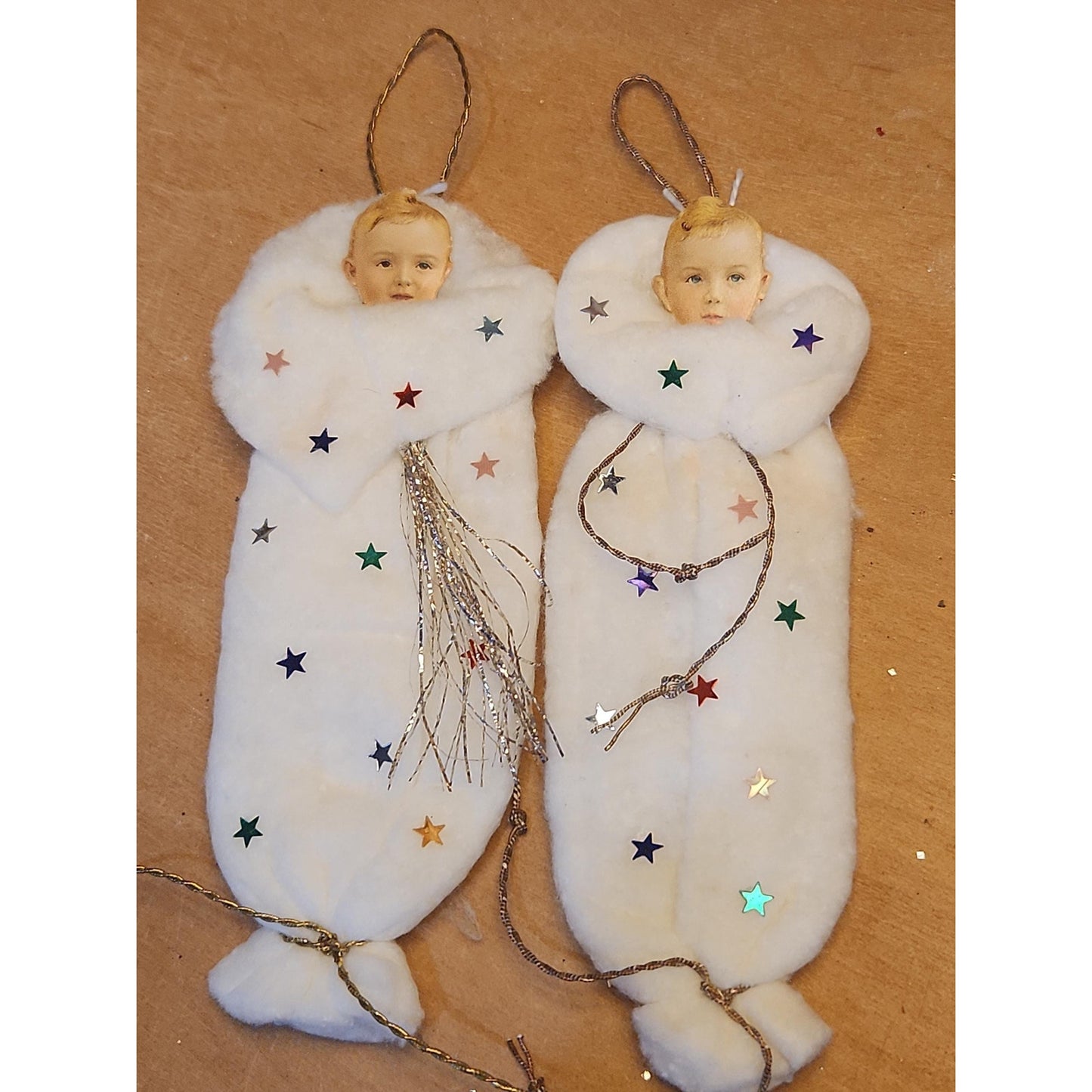 Replica of Antique Ornaments with Actual Vintage Paper Scraps and newer Crepe and Cotton Batting. Chr111