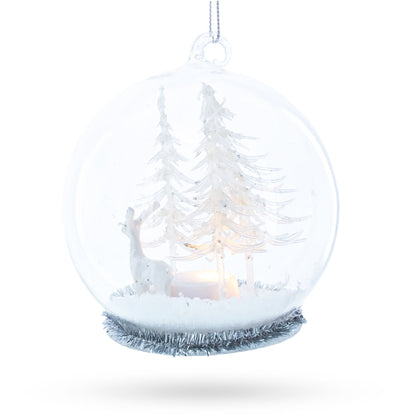 White Deer in Snow Globe with Glistening Snowflakes Glass Christmas Ornament