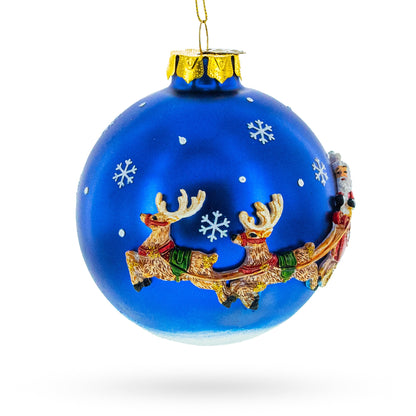 Santa in Sleigh with Reindeer Glass Christmas Ornament