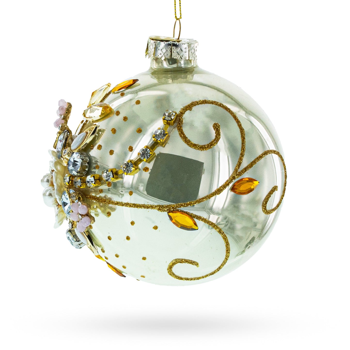 Exquisite Jeweled Flowers Adorning Glass Ball Christmas Ornament