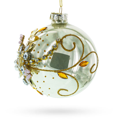 Exquisite Jeweled Flowers Adorning Glass Ball Christmas Ornament