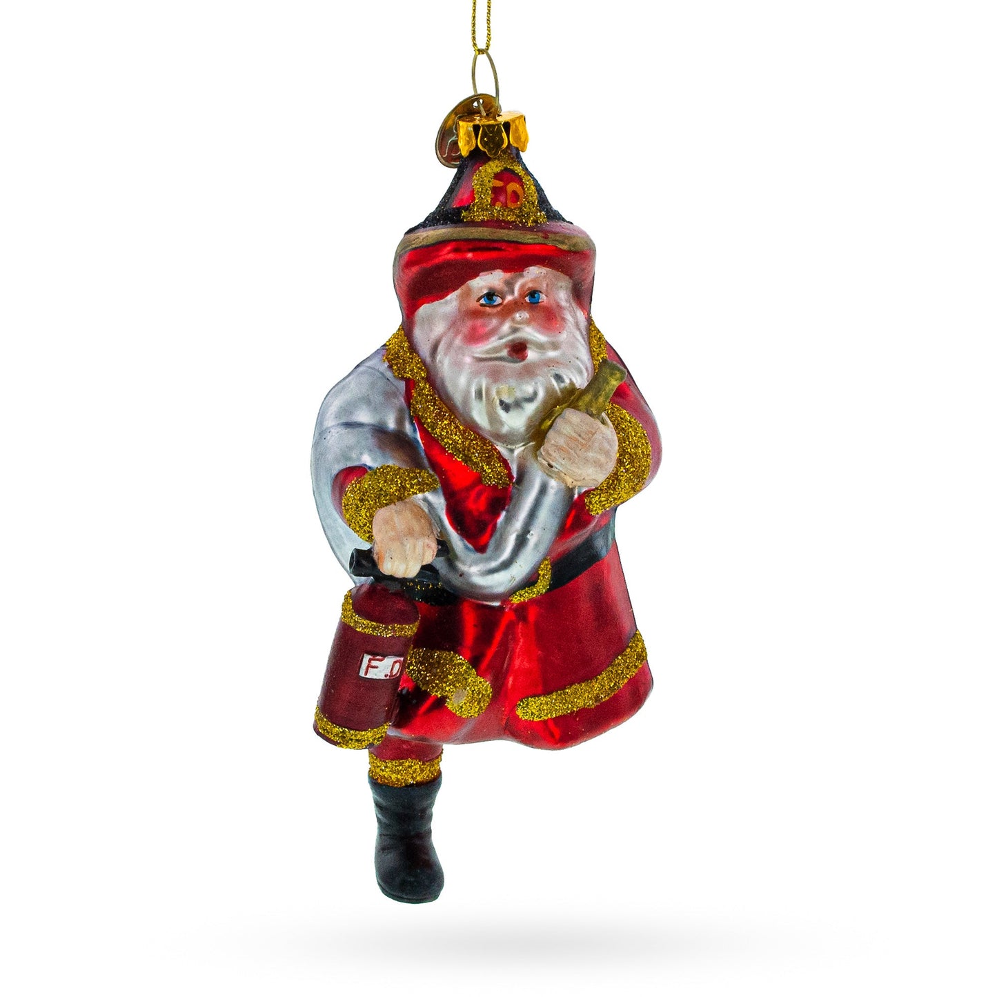 Firefighter Santa with Extinguisher Glass Christmas Ornament