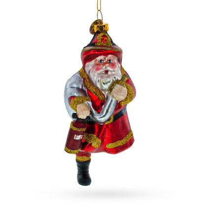 Firefighter Santa with Extinguisher Glass Christmas Ornament