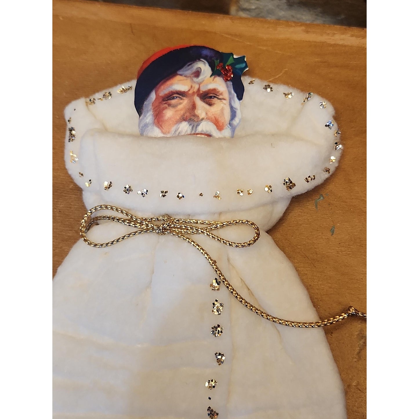 Replica of Antique Ornaments with Actual Vintage Paper Scraps and newer Crepe and Cotton Batting. Chr111