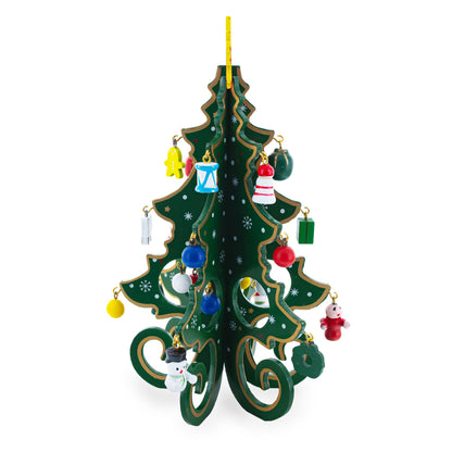 Wooden Tabletop Christmas Tree with Cute Miniature German Style Wooden Ornaments 7.5 Inches