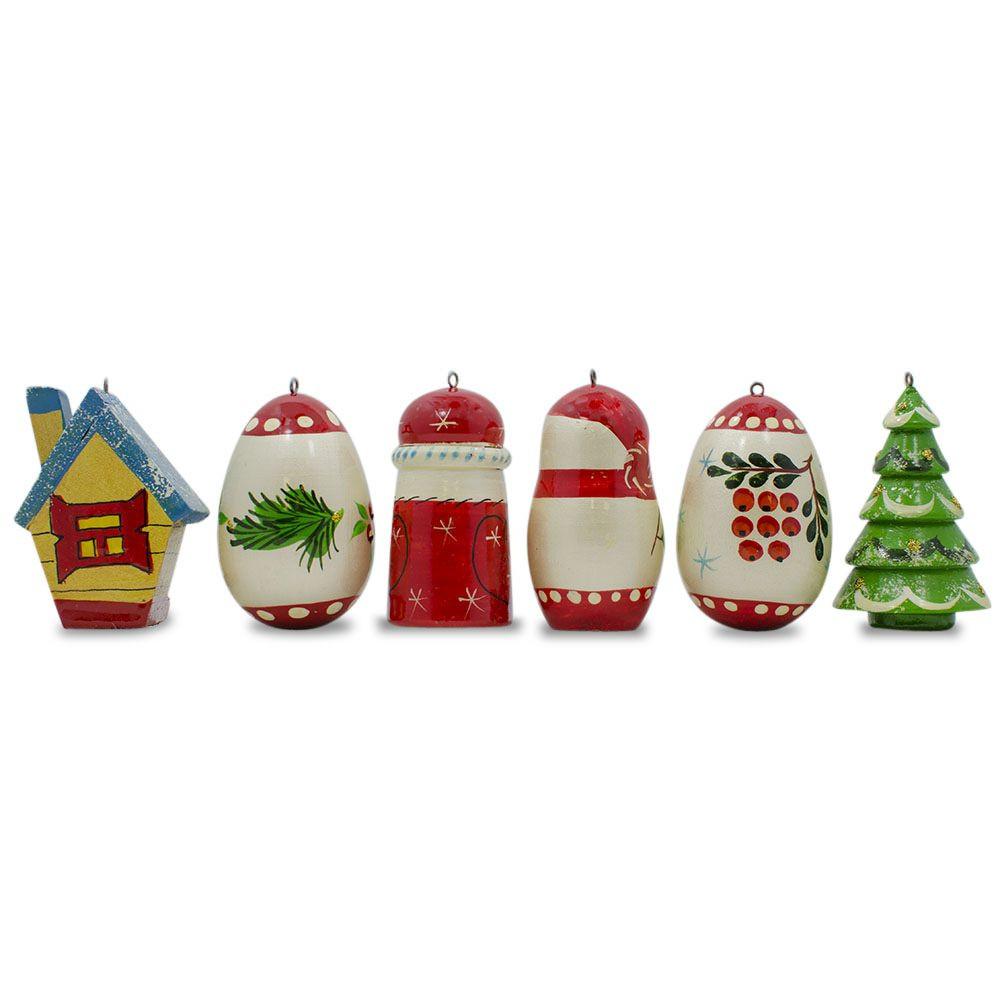 6 Hand Painted Wooden Christmas Ornaments 2.25 Inches